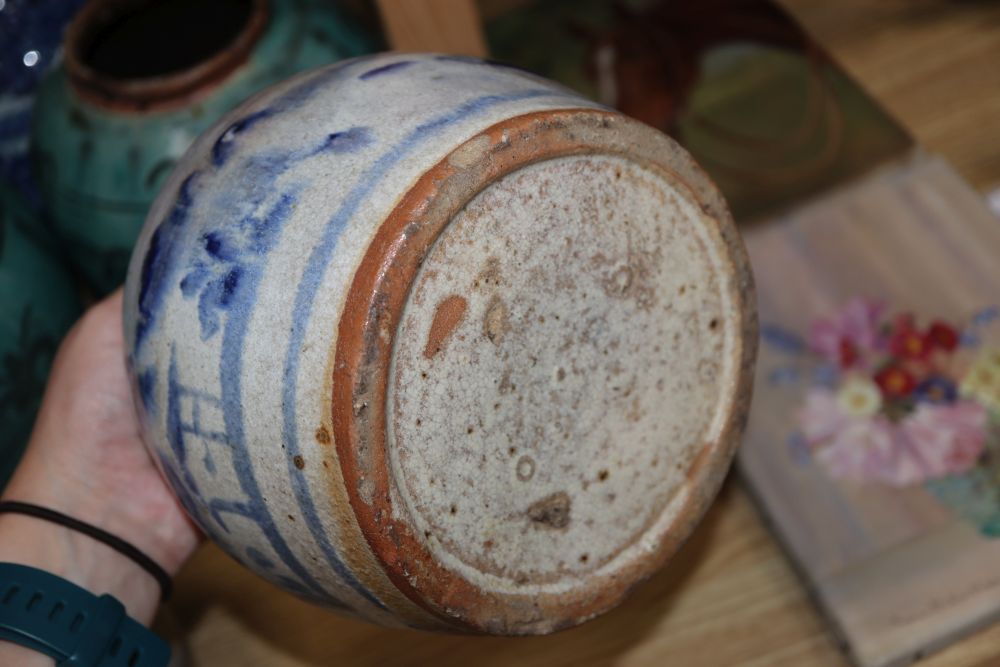 Two Chinese Provincial-style bulbous turquoise-glazed incised ginger jars and three other items,